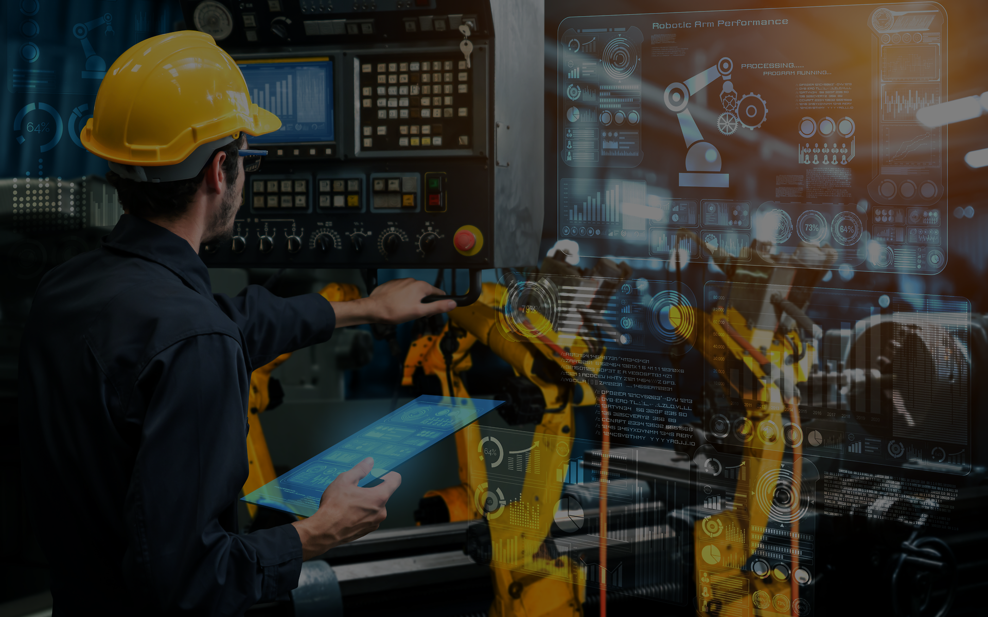 Techniker arbeitet an einer digital gesteuerten Anlage; im Hintergrund Robotik und Datenanzeigen.